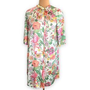 1960s Vanity Fair Floral Nylon Patio Dress Tie Neck Long Sleeve Mod Lounge Dress
